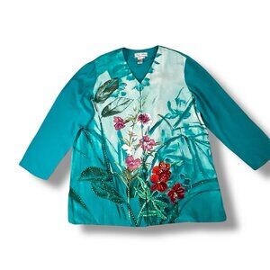 Diane Gilman Silk Tunic Blouse Size 1x  Sequin Floral Button Up Tropical Vintage